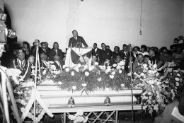 Dr. Martin Luther King Jr., as he preaches the funeral in Marion, Alabama on March, 1965 of Jimmy Lee Jackson, slain during a racial demonstration. King later led mourners three miles in the rain to a cemetery for burial. (AP Photo)