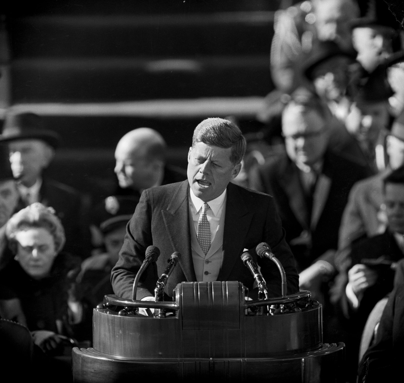 After taking oath of office, U.S. President John F. Kennedy delivers his inaugural address at Capitol Hill in Washington, D.C., on Jan. 20, 1961. Kennedy said, "We shall pay any price, bear any burden, meet any hardship, support any friend, oppose any foe, to assure the survival and success of liberty. (AP Photo)