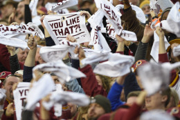 Washington Redskins fans waves towels in support of the team during the first half of an NFL wild card playoff football game against the Green Bay Packers in Landover, Md., Sunday, Jan. 10, 2016. (AP Photo/Nick Wass)