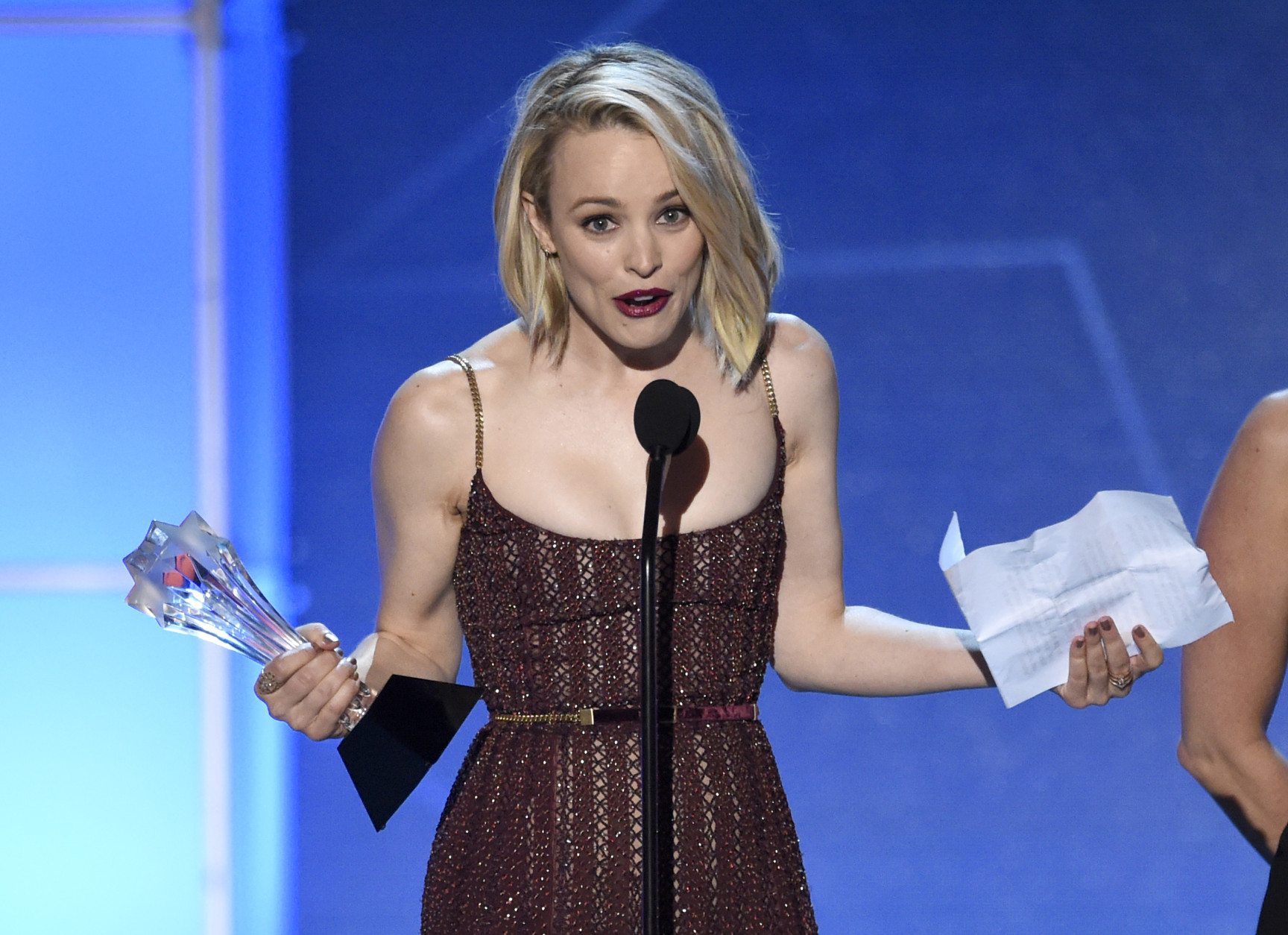 Rachel McAdams accepts the award for best acting ensemble for Spotlight at the 21st annual Critics' Choice Awards at the Barker Hangar on Sunday, Jan. 17, 2016, in Santa Monica, Calif. (Photo by Chris Pizzello/Invision/AP)