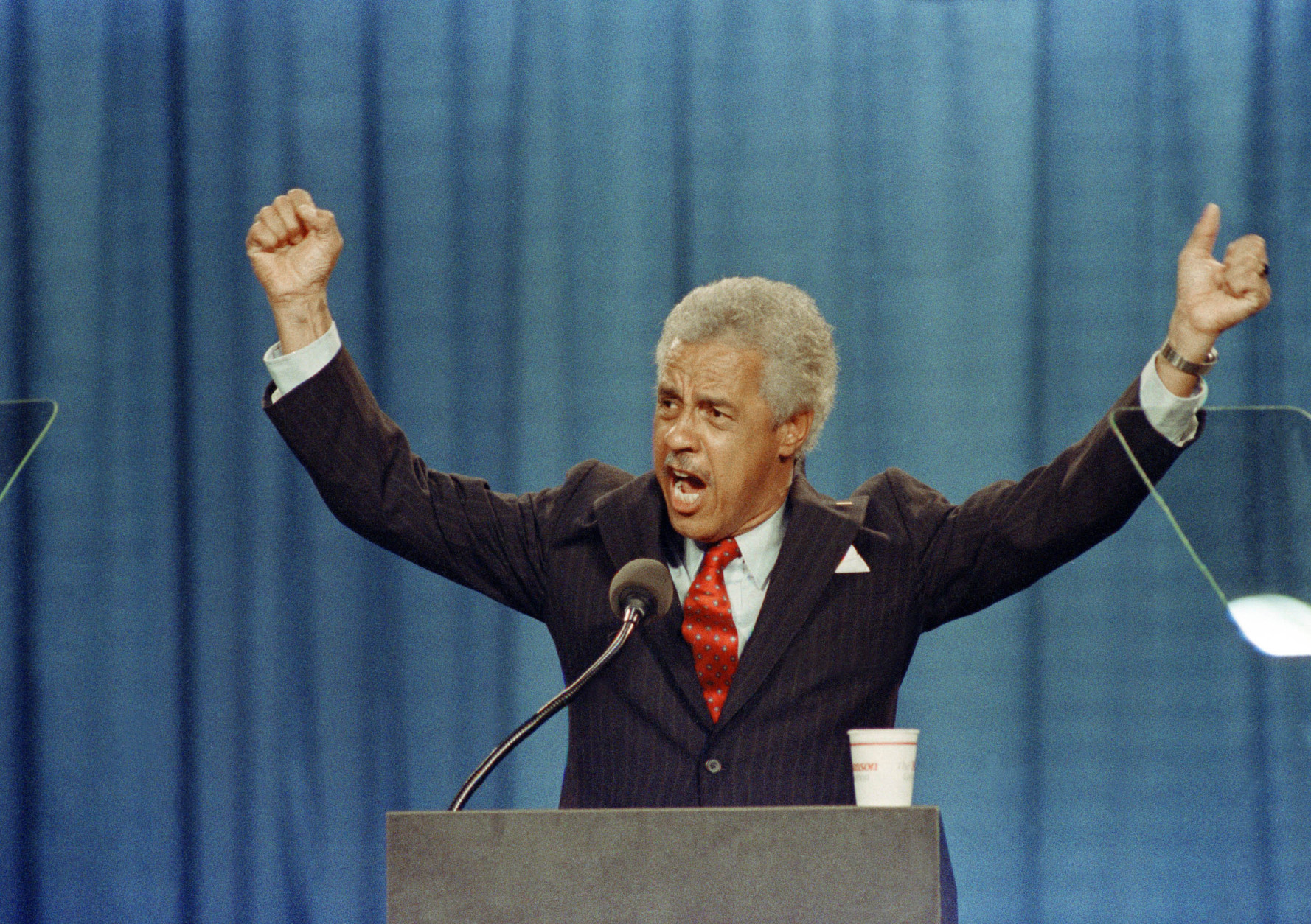 **FILE** In this Sept. 18, 1989 file photo, Virginia Lt. Governor and Democratic nominee for Governor, L. Douglas Wilder, gestures during his acceptance speech at the Virginia Democratic Convention in Richmond. (AP Photo, File)
