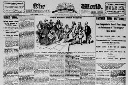 This is the front page of the New York World, from Jan. 26, 1890, headlining the global trip of World reporter Nellie Bly, in a record time of 72 days, 6 hours, 11 minutes, complete January 25.  Bly's exploits garnered all of the first three pages and a good portion of the others.  (AP Photo)