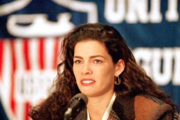 Nancy Kerrigan, of Stoneham, Mass., speaks during a news conference at the U.S. Figure Skating Championships in Detroit, Mich., on Friday, Jan. 7, 1994.  Kerrigan was clubbed on her right knee with a metal baton after a practice session at Cobo Arena on Jan. 6.  (AP Photo/Lennox McLendon)