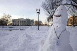 A snowman with a pretend NSA (National Security Agency) badge and a coffee cup stands in Lafayette Square Park, across from the White House in Washington, Monday, Jan. 25, 2016. East Coast residents who made the most of a paralyzing weekend blizzard face fresh challenges as the workweek begins: slippery roads, spotty transit service mounds of snow, and closed schools and government offices.(AP Photo/Carolyn Kaster)