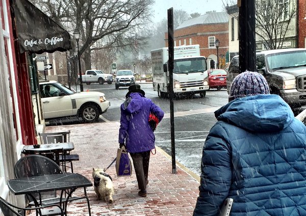 "One little dog decided he didn't walk in snow, so his owner is carrying him." (WTOP/Neal Augenstein)