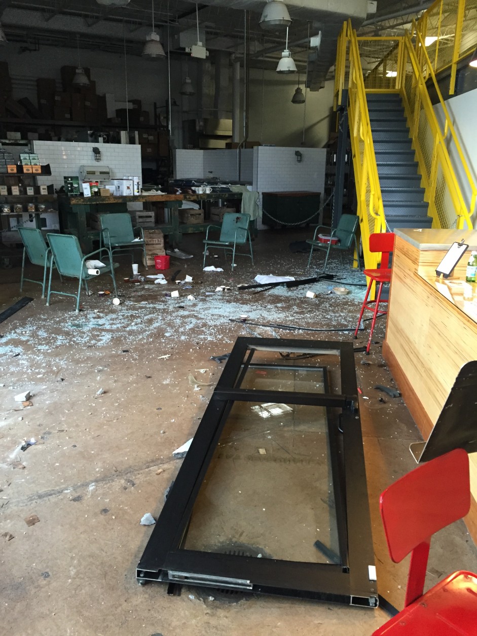 Debris is seen inside the Dolcezza Gelato Factory & Coffee Lab at Union Market after a crash on Jan. 9, 2016. (Courtesy NBC Washington)