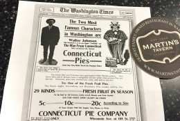 This 1912 advertisement for Henry Copperthite's Georgetown pie bakery mentions Walter Johnson. Now, their names are united again on a plaque inside Martin's Tavern. (WTOP/Michelle Basch) 