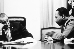 President Lyndon B Johnson (1908 - 1973) discusses the Voting Rights Act with civil rights campaigner Martin Luther King Jr. (1929 - 1968). The act, part of President Johnson's 'Great Society' program trebled the number of black voters in the south, who had previously been hindered by racially inspired laws, 1965. (Photo by  Hulton Archive/Getty Images)