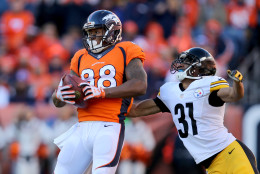 DENVER, CO - JANUARY 17:  Demaryius Thomas #88 of the Denver Broncos makes a reception under coverage by  Ross Cockrell #31 of the Pittsburgh Steelers in the first half during the AFC Divisional Playoff Game at Sports Authority Field at Mile High on January 17, 2016 in Denver, Colorado.  (Photo by Doug Pensinger/Getty Images)
