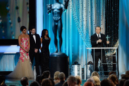 LOS ANGELES, CA - JANUARY 30:  Actor Kevin Spacey (R) accepts Outstanding Performance by a Male Actor in a Drama Series for 'House of Cards' while actors Priyanka Chopra (L) and Pedro Pascal (2nd L) look on onstage during the 22nd Annual Screen Actors Guild Awards at The Shrine Auditorium on January 30, 2016 in Los Angeles, California.  (Photo by Kevork Djansezian/Getty Images)