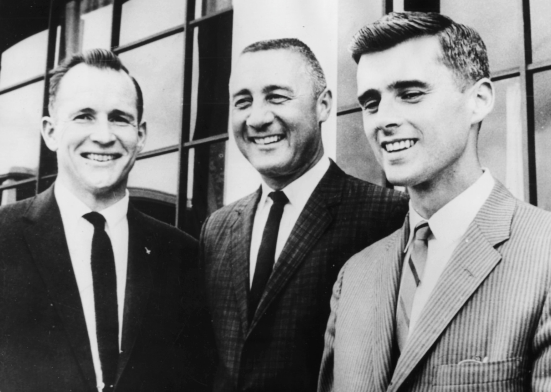 Portrait of Apollo 1 astronauts (L-R) Edward H White, Virgil I Grissom And Roger Chaffee, 1967. Printed following their death in a fire during training, January 27th 1967. (Photo by Keystone/Hulton Archive/Getty Images)