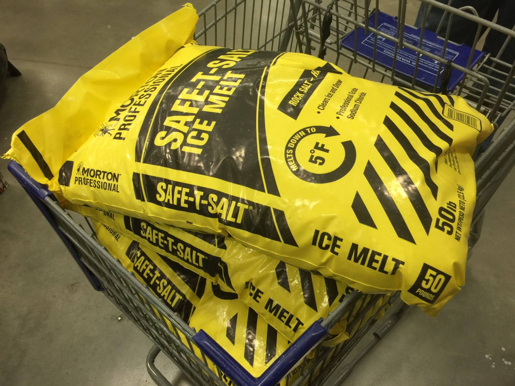 Sodium Chloride(pictured) also known as rock salt can damage asphalt, concrete, brick, stone, metal, grass, plants and wood decks and can be lethal to pets if ingested. An evaluation of various types of ice-melt by 
http://www.consumerreports.org/cro/2014/02/best-ice-melts/index.htm
Consumer Reports finds Magnesium Chloride, Potasium Chloride and Urea/Carbonly Diamide are best for gardeners and pet owners. 