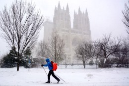 A skier goes by the National Cathedral in D.C. (WTOP/Dave Dildine)