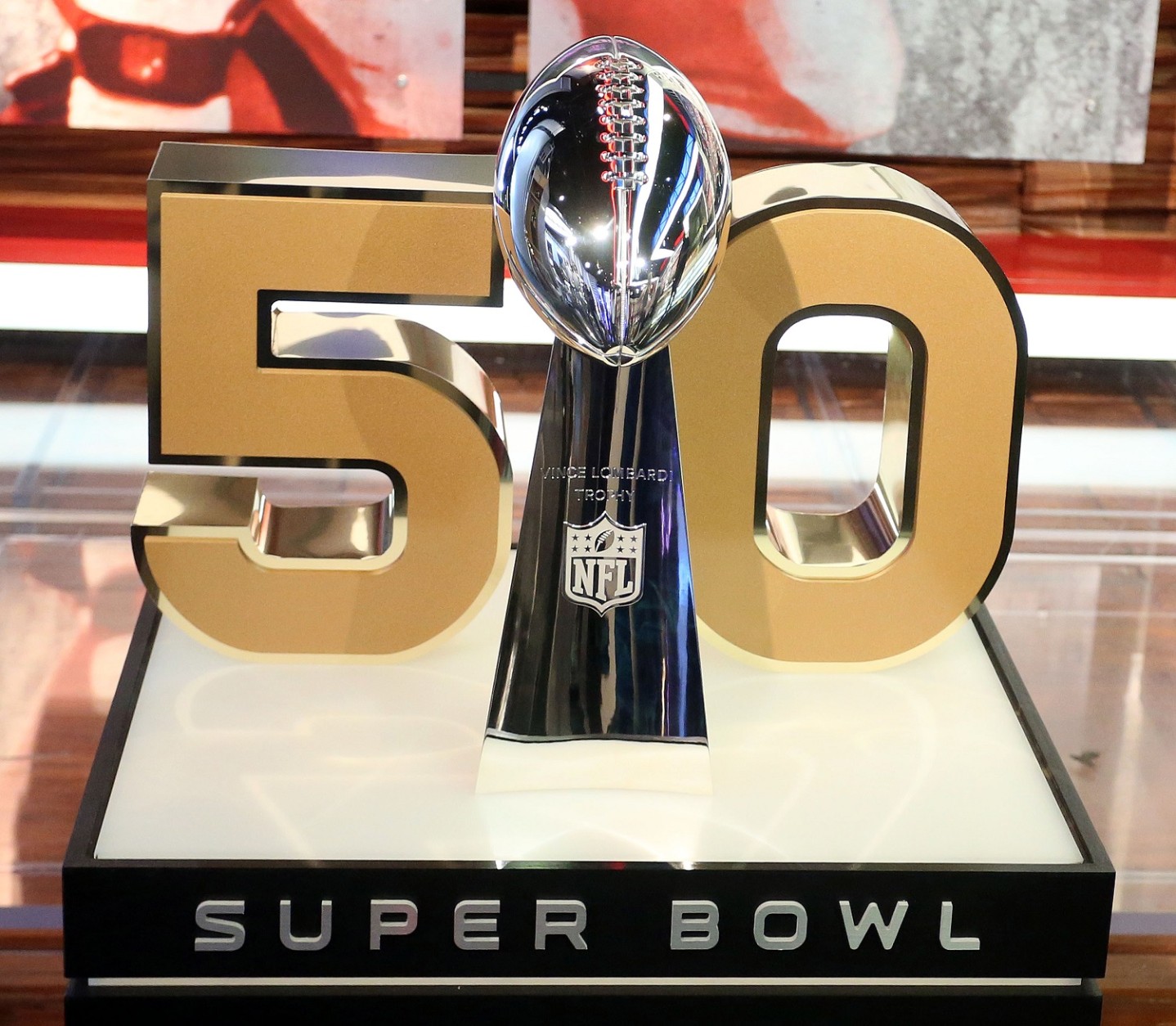 The Super Bowl trophy on display. (Photo by Frederick M. Brown/Getty Images)