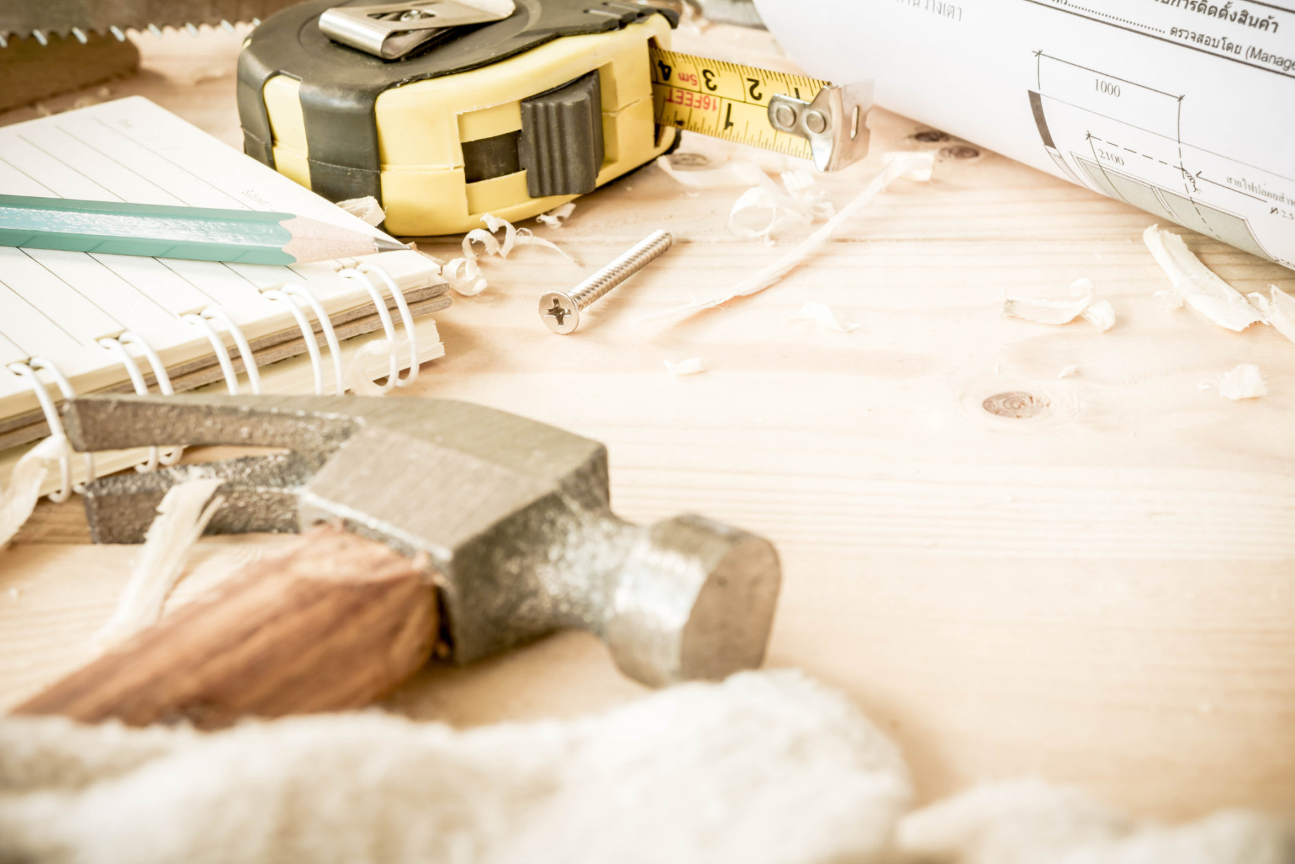 carpenter tools,hammer,meter,nails,shavings