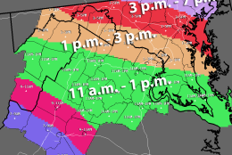 The forecast snow arrival time as of noon Friday. (National Weather Service)