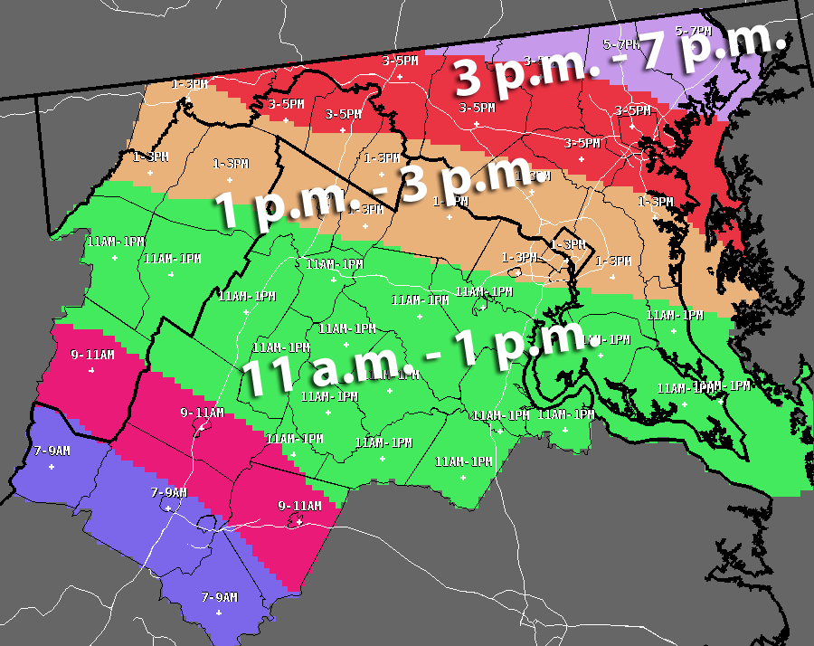 The forecast snow arrival time as of noon Friday. (National Weather Service)