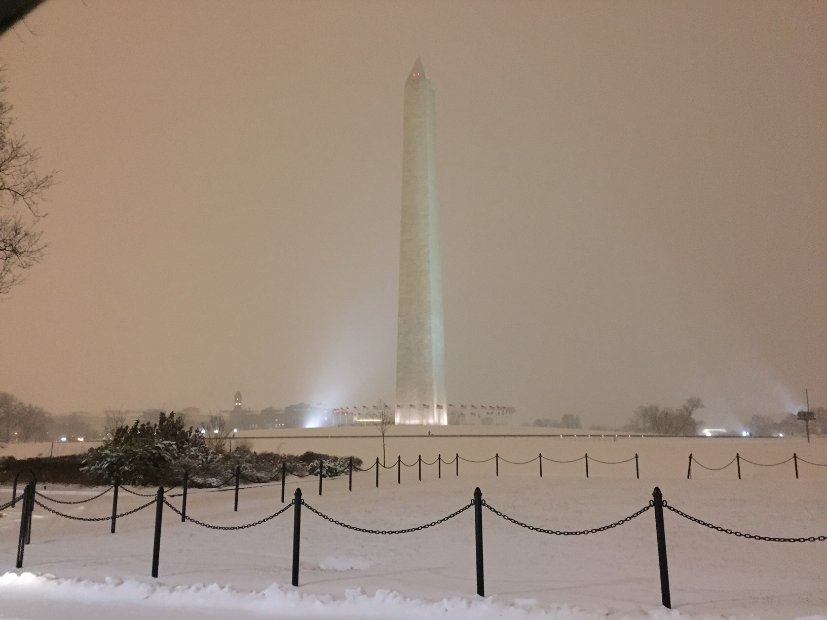 A snowy view of Washington Monument as a major storm moves into the District on Friday, Jan. 22, 2016. (WTOP/Kyle Cooper)