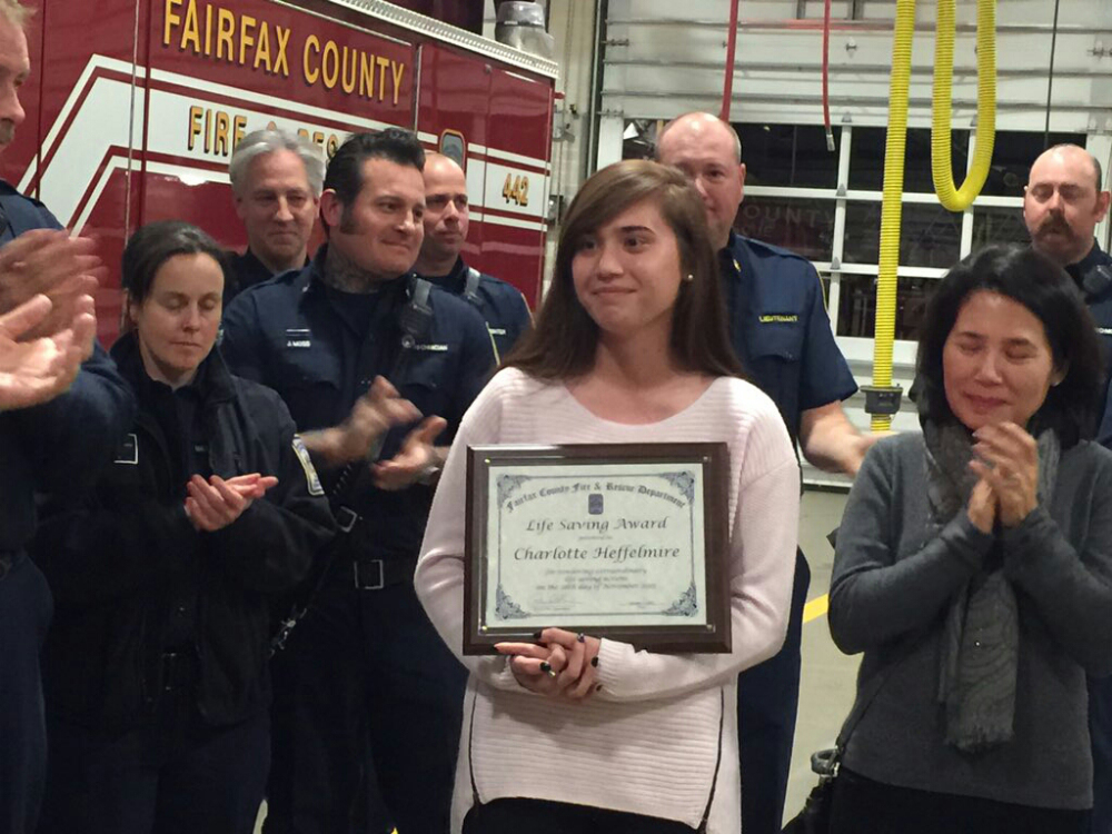 Fairfax County fire department recognized Charlotte Heffelmire for her act of heroism that helped save six lives. (Courtesy Fairfax County Fire Department)