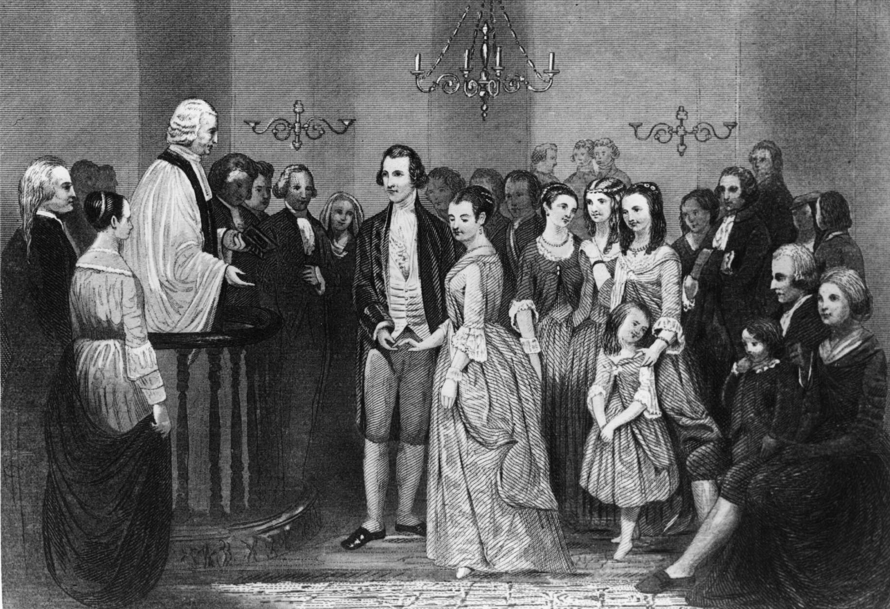 January 1759:  The wedding of George Washington and Martha Dandridge Custis at St Peter's Church, New Kent County, Virginia.  The Reverend John Mossum performs the ceremony.  (Photo by Hulton Archive/Getty Images)