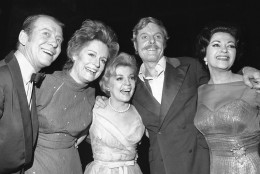 FILE - In this April 4, 1971 file photo, stars of the show "Follies," from left, Gene Nelson, Alexis Smith, Dorothy Collins, John McMartin, and Yvonne DeCarlo pose in New York. McMartin, the silver-haired, Tony Award-nominated actor whose Broadway career spanned decades, died of cancer, Wednesday, July 6, 2016, in New York. He was 86. (AP Photo/Ron Frehm, File)