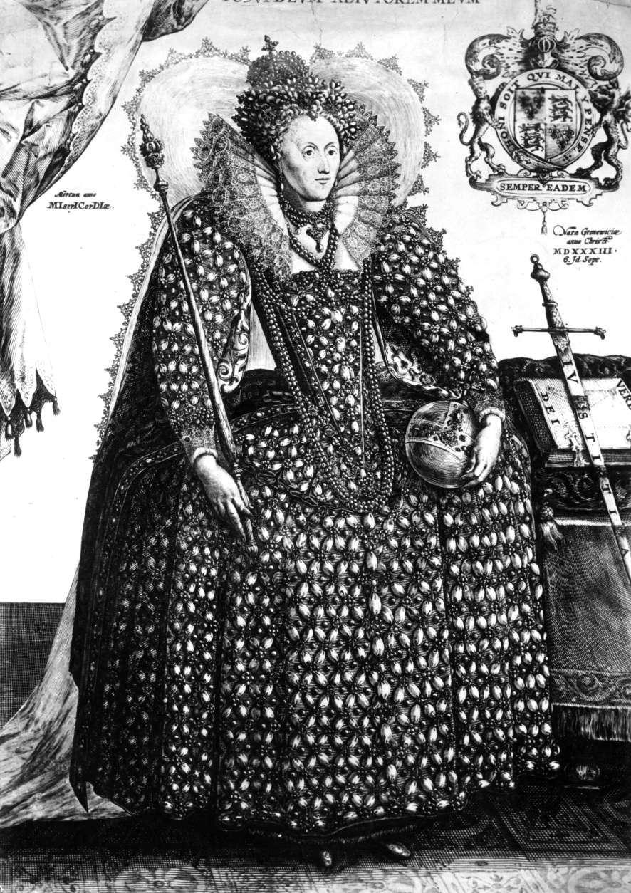 Circa 1588, Queen Elizabeth I (1533 - 1603), supposedly wearing the robes in which she went to St Paul's Cathedral to give thanks for the defeat of the Spanish Armada, complete with an orb and sceptre. In the background is a coat of arms with the inscription, 'Honi S (Photo by Hulton Archive/Getty Images)