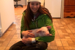 WeeWee enjoys morning hugs after his first night sleep at his new home on Thursday, Jan. 28, 2016. (Courtesy of Popular Spring Animal Sanctuary)