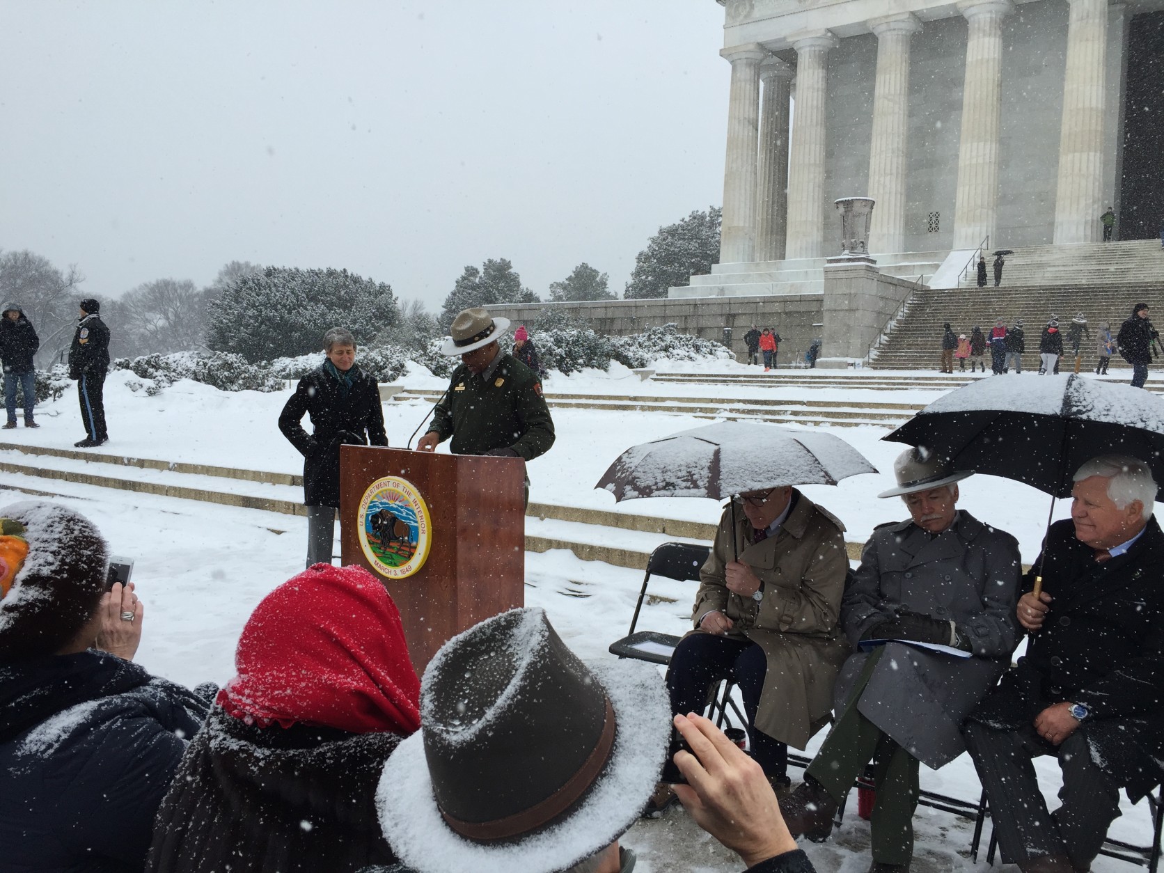 
National Park Service officials announce the details of a $18.5 million donation by philanthropist David Rubenstein for Lincoln Memorial restoration efforts. A press event was held Monday, Monday, Feb. 15, 2016, as a winter storm passes through the region. (WTOP/Kate Ryan)