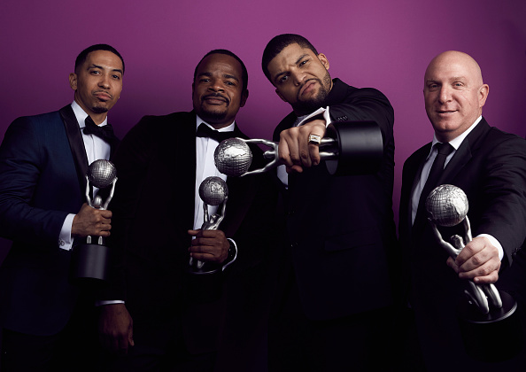 PASADENA, CA - FEBRUARY 05:  (L-R) Actor Neil Brown, Jr., Director F. Gary Gray, actor O'Shea Jackson Jr. and producer Scott Bernstein pose with Outstanding Motion Picture awards for a portrait during the 47th NAACP Image Awards presented by TV One at Pasadena Civic Auditorium on February 5, 2016 in Pasadena, California.  (Photo by JSquared Photography/Getty Images for NAACP Image Awards)