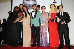 PASADENA, CA - FEBRUARY 05:  Actors Gabourey Sidibe, Trai Byers, Taraji P. Henson, Bryshere Y. Gray aka Yazz, Grace Gealey, Kaitlin Doubleday and Danny Strong pose with the Outstanding Drama Series award for Empire pose in the press room at the 47th NAACP Image Awards at Pasadena Civic Auditorium on February 5, 2016 in Pasadena, California.  (Photo by Jason LaVeris/FilmMagic)