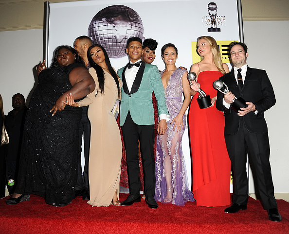 PASADENA, CA - FEBRUARY 05:  Actors Gabourey Sidibe, Trai Byers, Taraji P. Henson, Bryshere Y. Gray aka Yazz, Grace Gealey, Kaitlin Doubleday and Danny Strong pose with the Outstanding Drama Series award for Empire pose in the press room at the 47th NAACP Image Awards at Pasadena Civic Auditorium on February 5, 2016 in Pasadena, California.  (Photo by Jason LaVeris/FilmMagic)