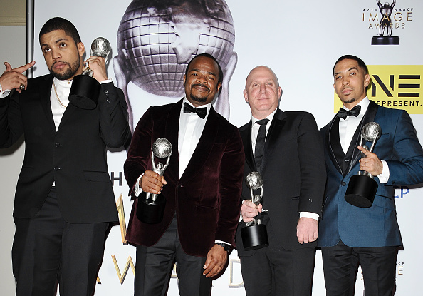 PASADENA, CA - FEBRUARY 05: Actor O'Shea Jackson Jr., director F. Gary Gray, producer Scott Bernstein, and actor Neil Brown Jr. pose in the press room at the 47th NAACP Image Awards at Pasadena Civic Auditorium on February 5, 2016 in Pasadena, California.  (Photo by Jason LaVeris/FilmMagic)