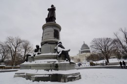 The James A Garfield Monument was stop No. 8 on Dave Dildine's snowy Presidents Day bike ride. (WTOP/Dave Dildine)