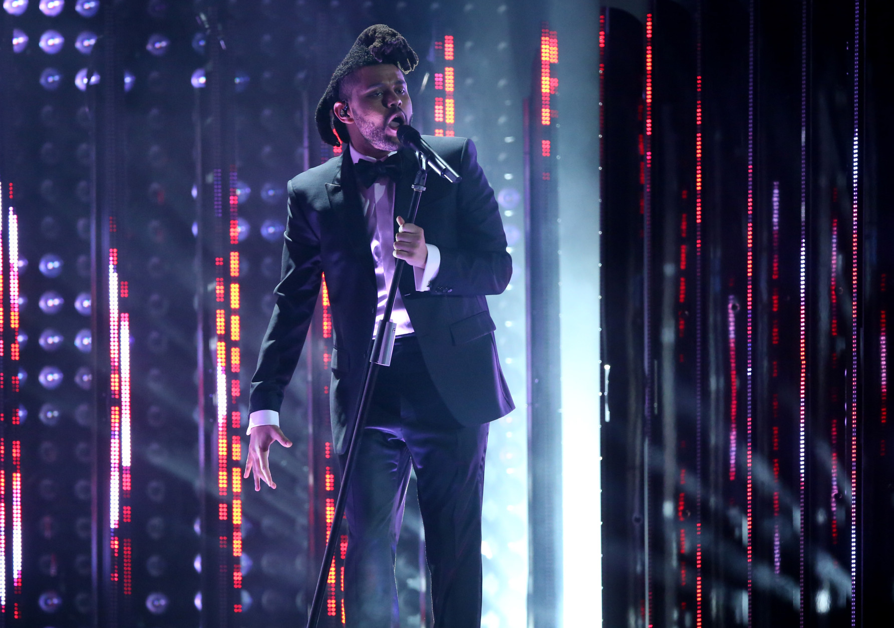 The Weeknd performs at the 58th annual Grammy Awards on Monday, Feb. 15, 2016, in Los Angeles. (Photo by Matt Sayles/Invision/AP)