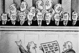 This editorial cartoon depicts President Franklin Roosevelt and the Supreme Court, Feb. 6, 1937. (AP Photo)
