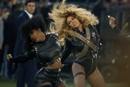 FILE - In this Sunday, Feb. 7, 2016 file photo, Beyonce performs during halftime of the NFL Super Bowl 50 football game in Santa Clara, Calif. Beyonce is working overtime this weekend: After releasing a new song Saturday and performing at the Super Bowl on Sunday, she's announced a new stadium tour. The Grammy-winning singer announced her 2016 Formation World Tour in a commercial after she performed at the halftime show with Bruno Mars and Coldplay. (AP Photo/Matt Slocum, File)