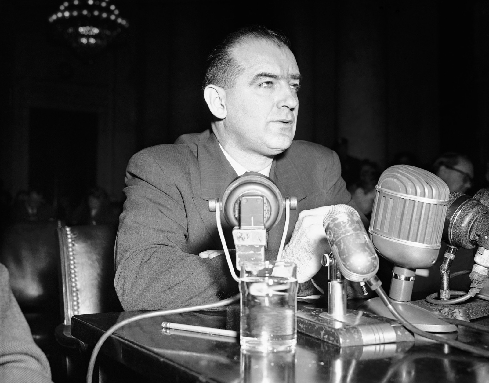 Sen. Joseph R. McCarthy (R-Wisc.) testifies in Washington, March 8, 1950 before a Senate foreign relations subcommittee named to hear his charges that Communists have infiltrated the State department. McCarthy was the first witness before the group. (AP Photo/Herbert K. White)