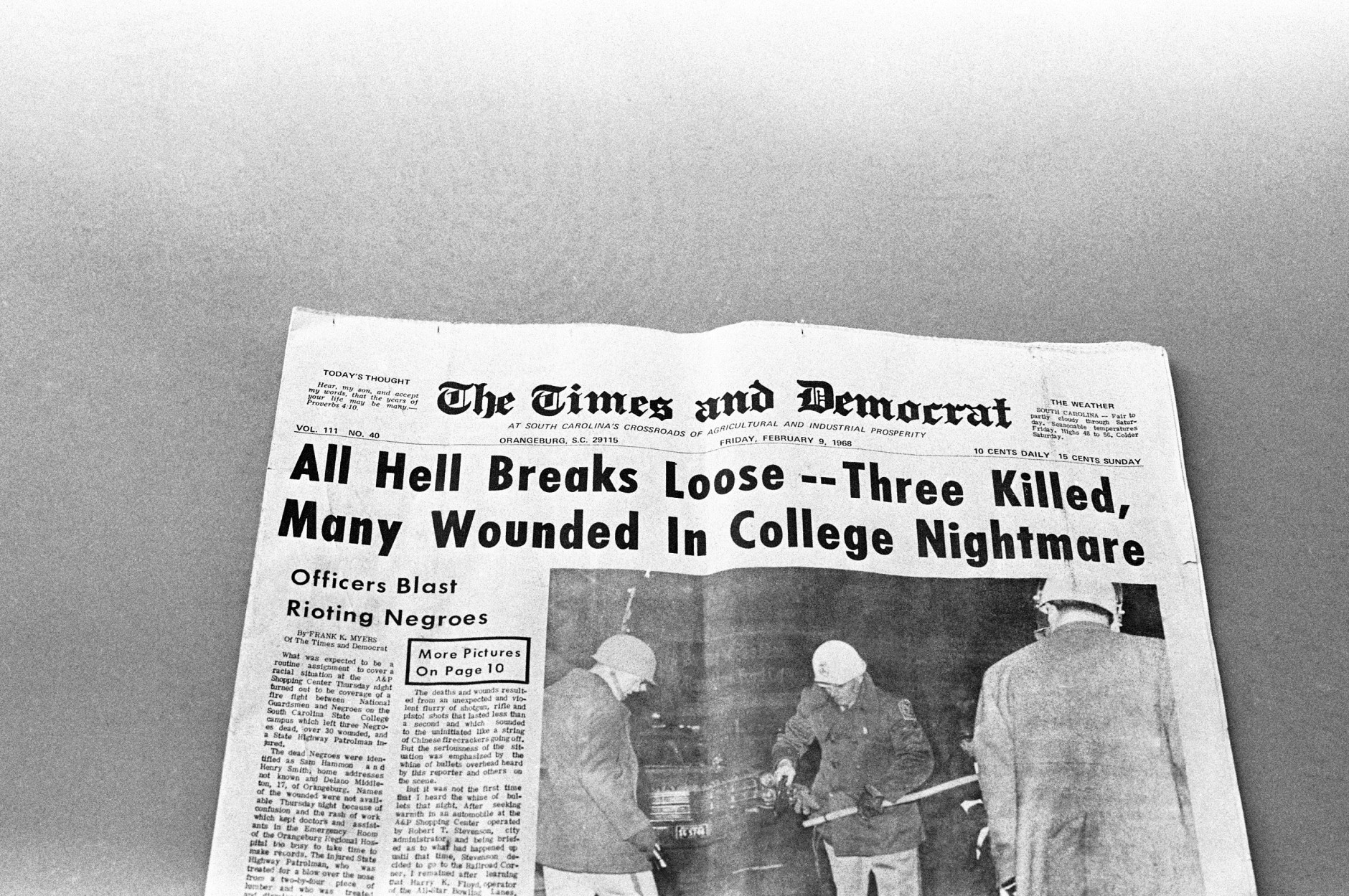 The Orangeburg, Times- Democrat newspaper hit the streets Friday, February 9, 1968 with these headlines after disastrous exchange of gunfire Thursday night between state police and rioting Black students at South Carolina State College. Three were killed and many wounded. (AP Photo)
