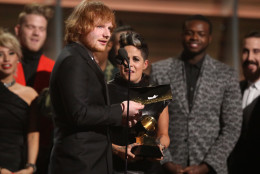 Ed Sheeran accepts the award for song of the year for Thinking Out Loud at the 58th annual Grammy Awards on Monday, Feb. 15, 2016, in Los Angeles. (Photo by Matt Sayles/Invision/AP)