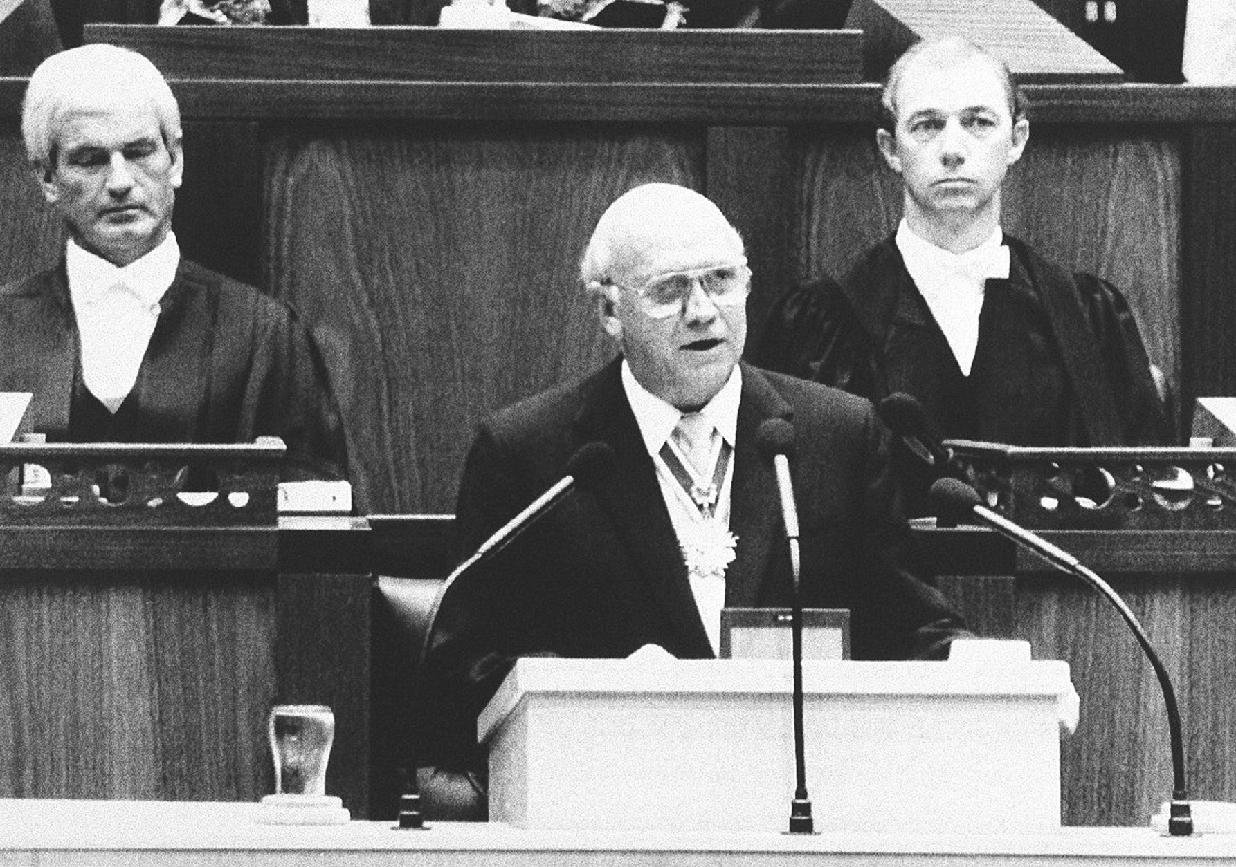 South African State President F.W. de Klerk, announces the unconditional release of jailed ANC leader Nelson Mandela, the unbanning of the ANC, PAC and South African Communist party and the lifting of the state of emergency during parliament in Cape Town, South Africa, Friday, Feb. 2, 1990. (AP Photo/Dana Le Roux-Argus)