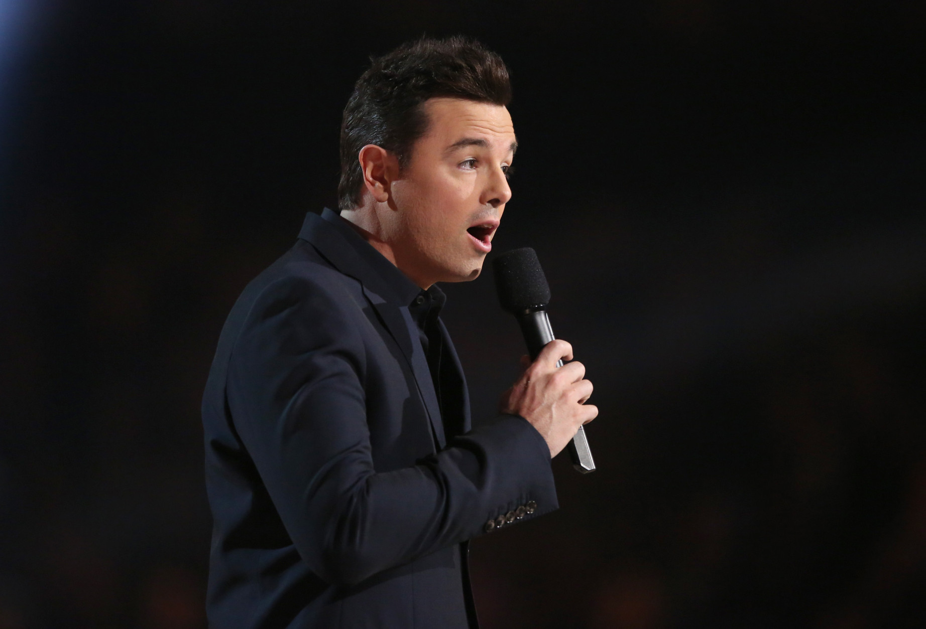 Seth MacFarlane presents the award for best musical theater album at the 58th annual Grammy Awards on Monday, Feb. 15, 2016, in Los Angeles. (Photo by Matt Sayles/Invision/AP)