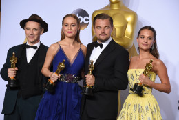 Mark Rylance, winner of the award for best actor in a supporting role for Bridge of Spies,"  from left, Brie Larson, winner of the award for best actress in a leading role for Room, Leonardo DiCaprio, winner of the award for best actor in a leading role for The Revenant, and Alicia Vikander, winner of the award for best actress in a supporting role for The Danish Girl pose in the press room at the Oscars on Sunday, Feb. 28, 2016, at the Dolby Theatre in Los Angeles. (Photo by Jordan Strauss/Invision/AP)