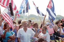 Anti-Castro demonstrators shout for the liberation of Cuba at the Opa-locka, Fla., airport, Sunday, Feb. 25, 1996 where they gathered to show their outrage at the shooting down of two Brothers to the Rescue aircraft Saturday. (AP Photo/Tannen Maury)