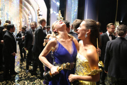 Brie Larson, winner of the award for best actress in a leading role for "Room", left, and Alicia Vikander, winner of the award for best actress in a supporting role for "The Danish Girl" pose backstage at the Oscars on Sunday, Feb. 28, 2016, at the Dolby Theatre in Los Angeles. (Photo by Matt Sayles/Invision/AP)