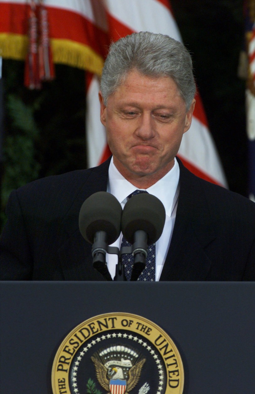 Saying he was "humbled," President Clinton makes a statement in the Rose Garden at the White House, Friday, Feb. 12, 1999, after the Senate acquitted him of perjury and obstruction of justice, ending a 13-month drama that catapulted an affair with a White House intern into only the second presidential impeachment trial in history. Permitted to finish his term, the 42nd president declared he was "profoundly sorry ... for what I said and did."( AP Photo/J. Scott Applewhite)