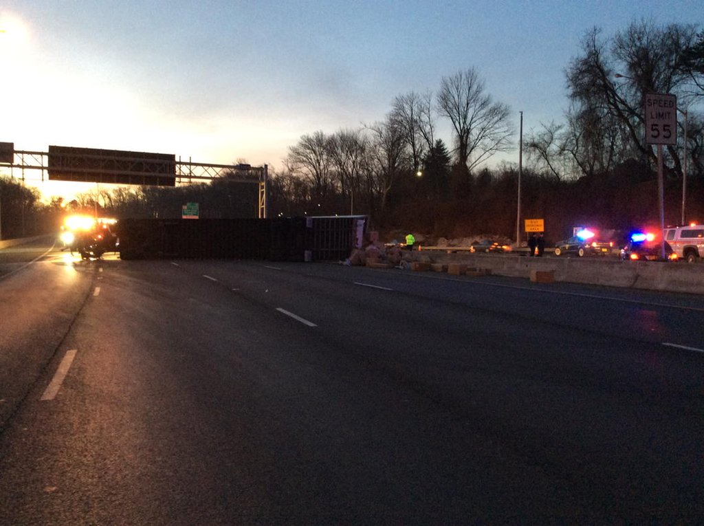 A fatal truck crash has closed both loops of the Capital Beltway early Friday, Feb. 19, 2016. (Courtesy of Montgomery County Fire and Rescue Service)