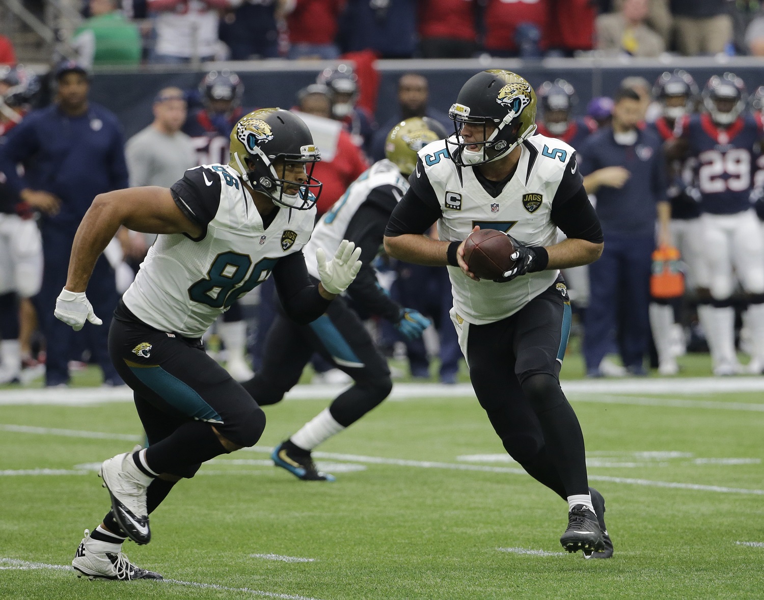 Jacksonville Jaguars quarterback Blake Bortles (5) is shown during the first half an NFL football game Sunday, Jan. 3, 2016, in Houston. (AP Photo/David J. Phillip)