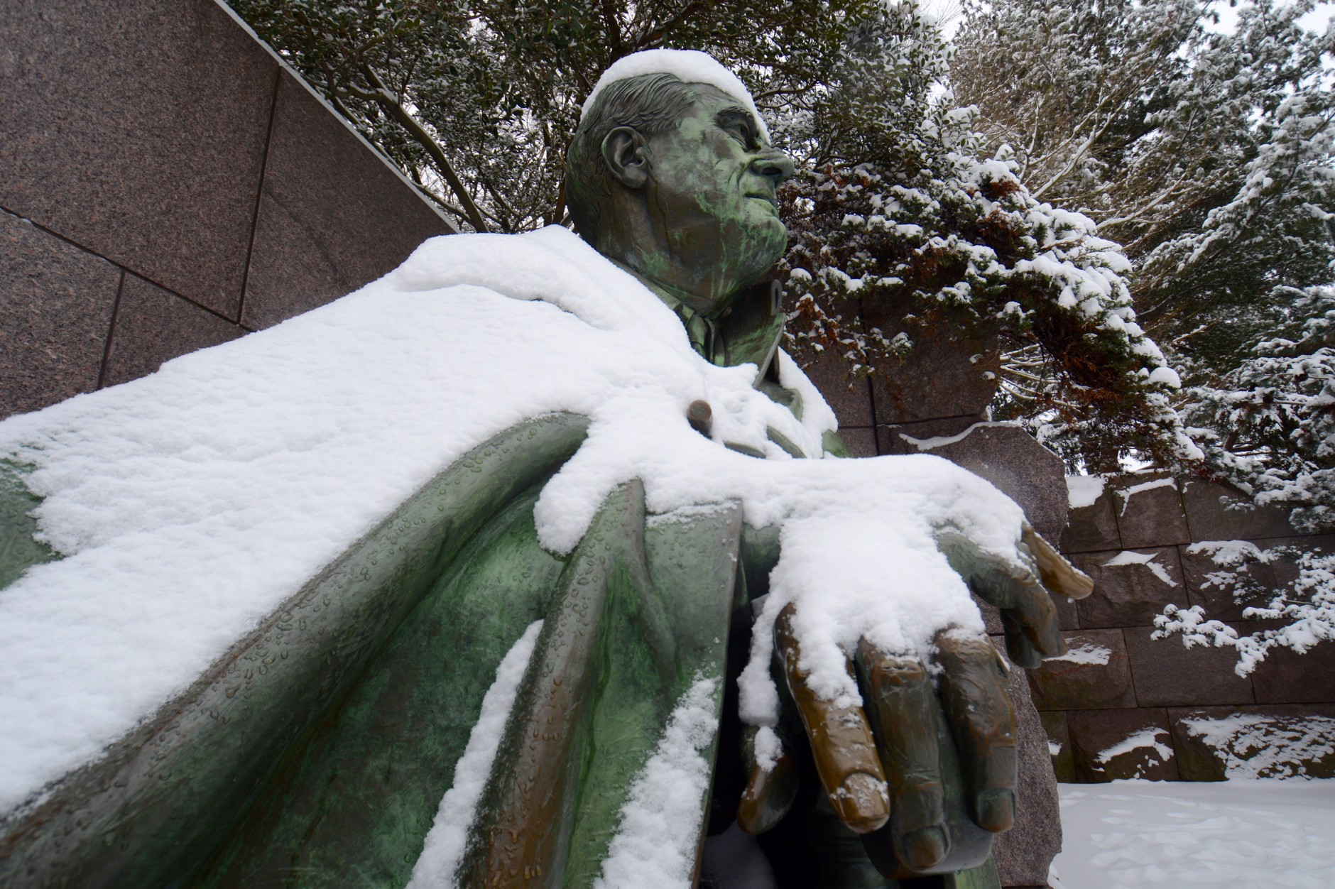 Snow on statue at Franklin Roosevelt memorial
