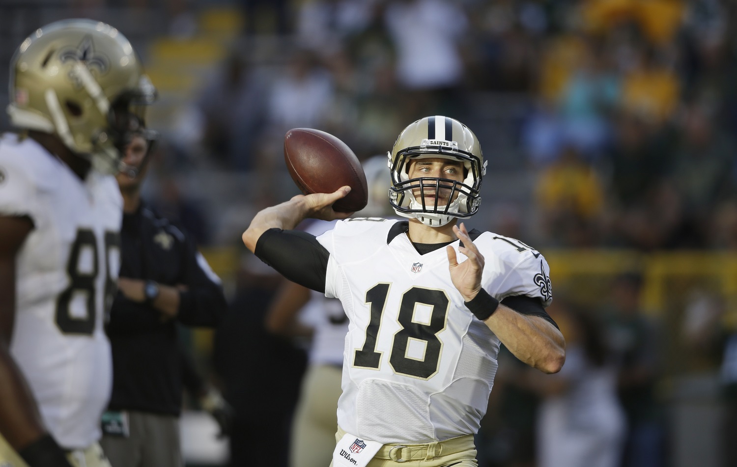 New Orleans Saints' Garrett Grayson warms up before a preseason NFL football game against the Green Bay Packers Thursday, Sept. 3, 2015, in Green Bay, Wis. (AP Photo/Jeffrey Phelps)