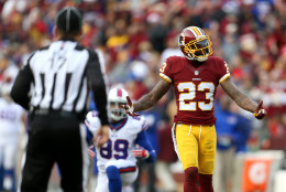 LANDOVER, MD - DECEMBER 20: Cornerback DeAngelo Hall #23 of the Washington Redskins reacts to a play against the Buffalo Bills in the fourth quarter at FedExField on December 20, 2015 in Landover, Maryland. (Photo by Matt Hazlett/Getty Images)